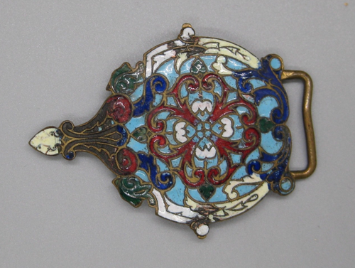 Antique 19C Victorian Era Ornate Enamel & Brass Belt Buckle Only Half!