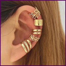 5Pcs Gold Color Clip-on Earrings Set Minimalist Hoop Ear Cuff Fake Piercing
