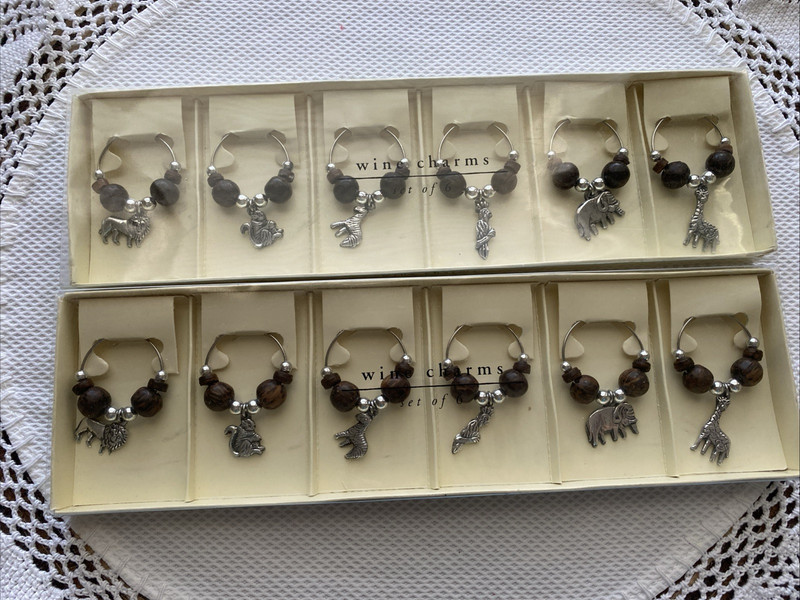 12 Piece NEW Pier 1 Imports SAFARI ANIMAL WINE GLASS CHARM SET