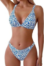ZAFUL Women's Size Medium Floral Print Swimsuit Triangle String High Cut Bikini