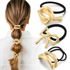3PCS Gold Hair Ties for Women, Stretchy Metal Hair Ties for Thick Hair, Non-Dama