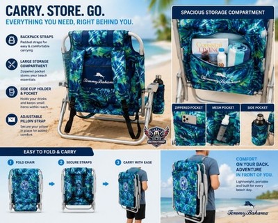 Tommy Bahama Backpack Beach Chair Folding Reclining Chair Tropical Print Cup Hol