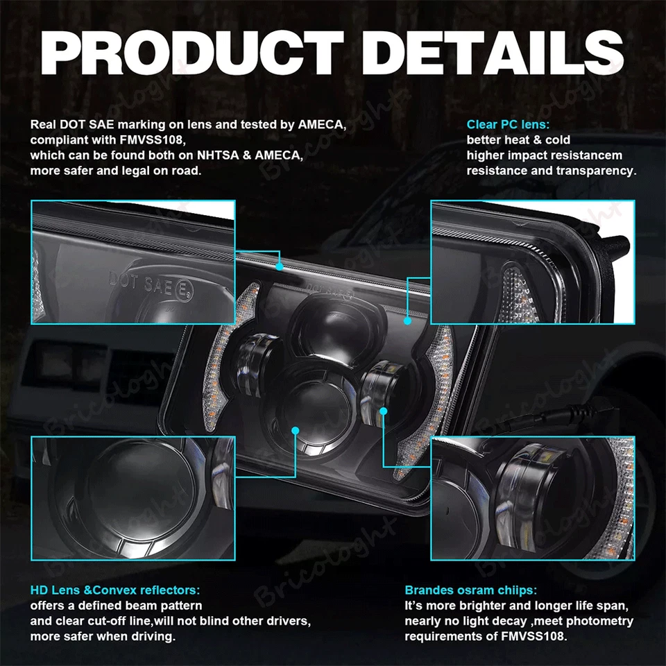 For Chevrolet S10 1995 1996 1997 4"x6" LED Headlights DRL HI/LO Sealed Beam Pair — 第 3/4 张图片