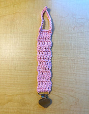 Crochet Pink Pacifier Clip Holder Strap w/ Heart Metal Clip