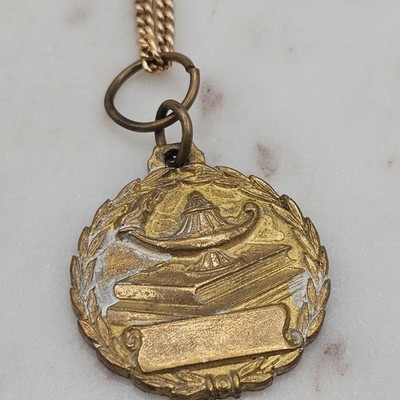 Vintage 1970 Leilehua Academic Award Medal Necklace Gold Tone Lamp Book Pendant