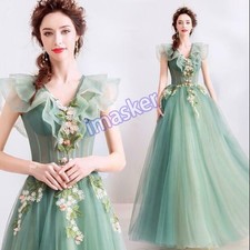 Ladies Green Dreamlike Princess Fairy Floral Dress V Neck Banquet Prom Gown Hot