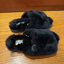 NEW FIRESIDE BY DEARFOAMS BLACK GENUINE SHEARLING SLIPPERS SLIDES WOMENS 7