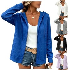 Women's Hooded Zip Up Jacket Solid Color Cable Knit Polyester Medium Stretch