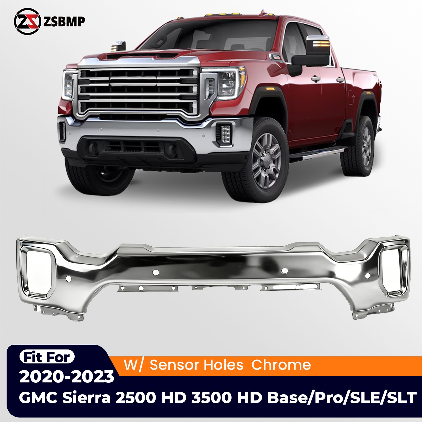Chrome Front Bumper Face Bar For 2020-2023 GMC Sierra 2500 3500 W/ Sensor Holes