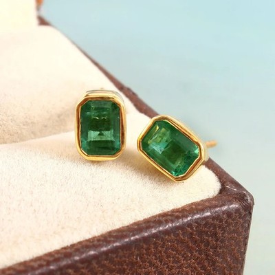 Women's 2.5 Ct Emerald Cut Natural Emerald Bezel Stud Earrings 10k Yellow Gold