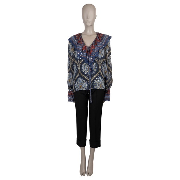 73961 Auth ETRO Blue Silk 2023 PAISLEY LUREX FIL COUPE Bluse Shirt 42 M