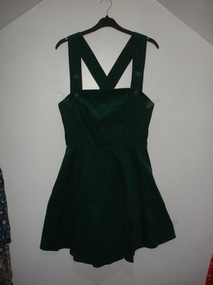 Ladies HELL BUNNY Bottle Green Cord Pinafore Dress - Size 14