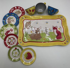 Schylling Forest Friends Tea Time Toys Metal Plates Cups Tray 10 Piece