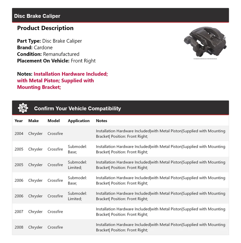 Pinza de freno de disco delantera derecha Cardone 2005 para Chrysler Crossfire 2004-2008 Foto 2 de 4