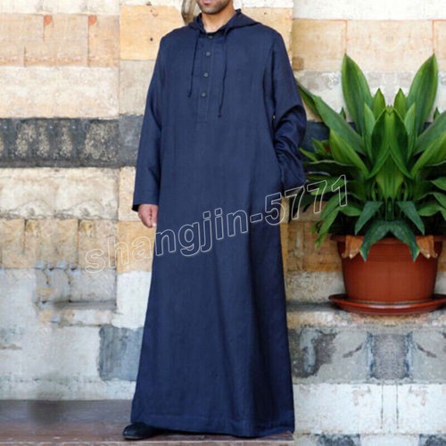 Arab Loose Gown Mens Long Sleeve Muslim Saudi Robe Islamic Thobe Kaftan Hooded - Picture 4 of 22