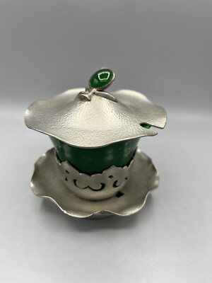 Vintage Hammered Pewter And Green Glass Jam Pot With Lid No Spoon