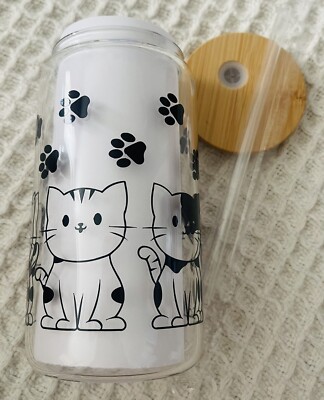 Cat Libby Glasdose mit Bambusdeckel Tasse, Glasdose Eiskaffee mit Strohhalm