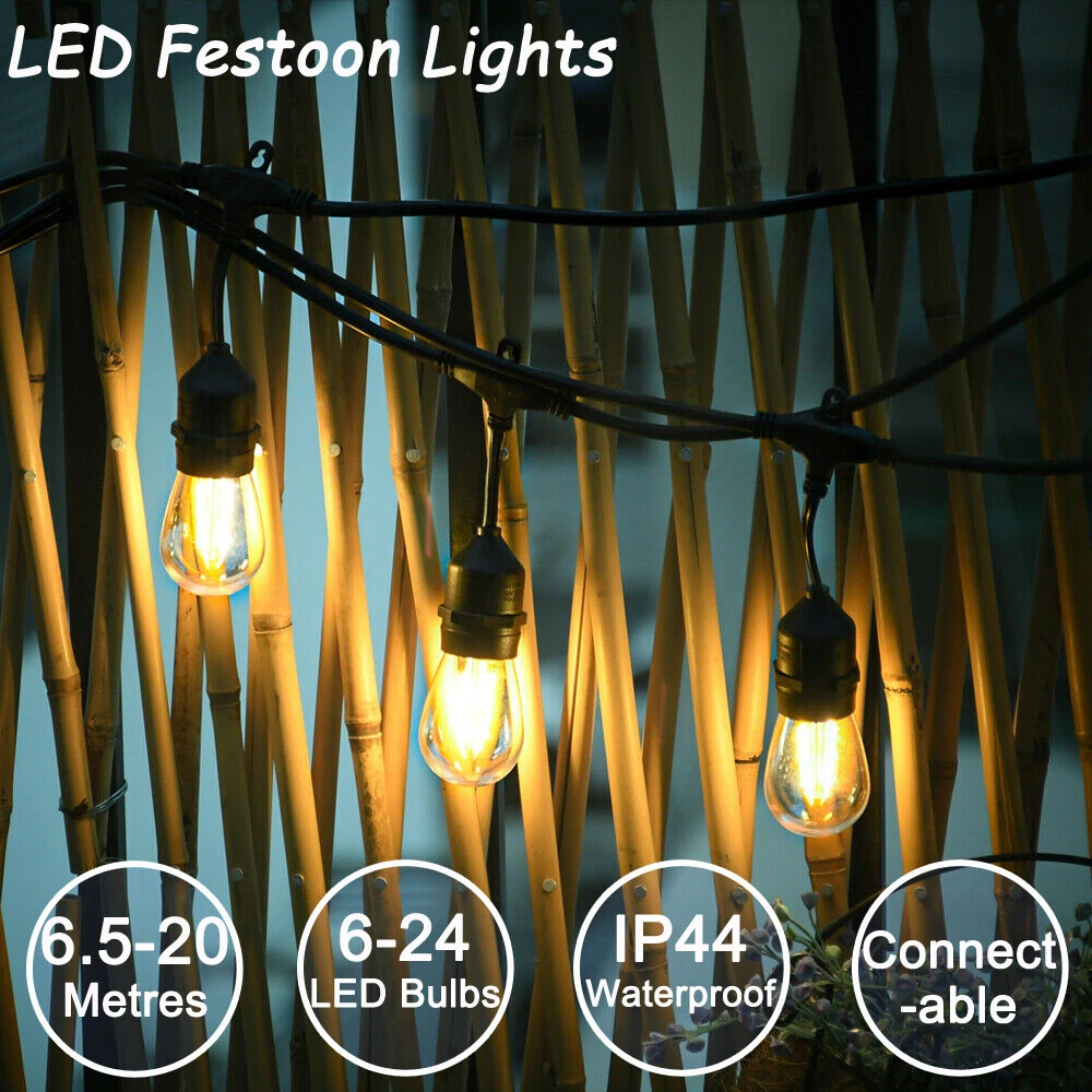 Plug In 20 Metres LED Festoon Lighting Outdoor Garden Lights Chain Gazebo Fence