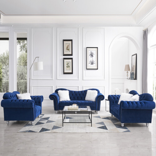 Nelson Blue 3 Piece Fabric Living Room Set | Baci Living Room
