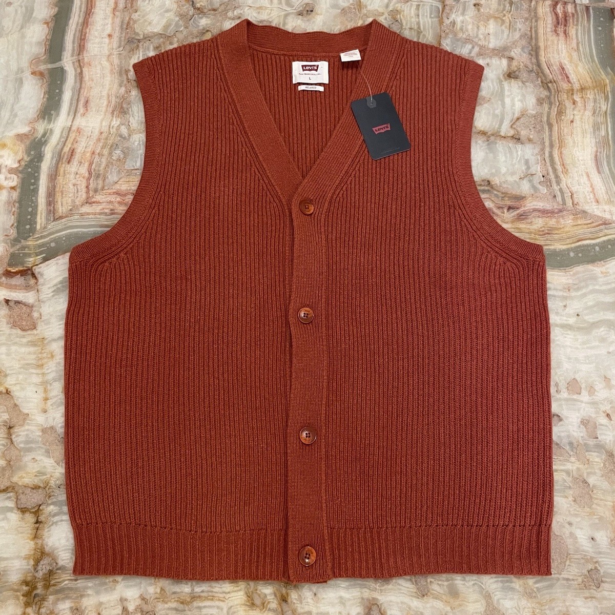 Nwt Mens Levi’s Premium Rincon Button Down Wool Rooibos Tea Red Sweater  Vest L