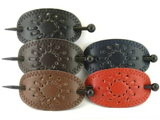 OVAL STAR STITCHED PATTERN FAUX LEATHER WITH WOOD HAIR STICK -  1 PC. (141)