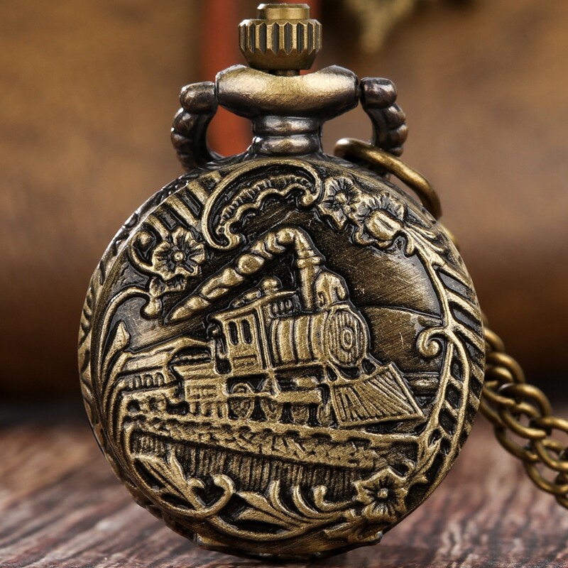 Mini Size Locomotive Train Design Men Women Quartz Analog Pocket Watch Chain
