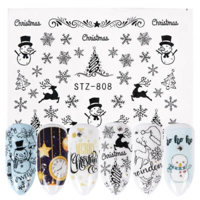 NAIL ART FLAMINGO Nail Art Water Decals Transfers Christmas Black Snowflakes Snowman Tree (808x)