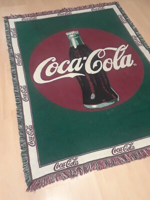 Vintage 1993 Coca-Cola Tapestry Red & Green Woven Throw Blanket 48