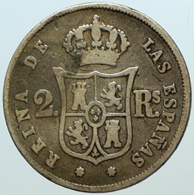 1863 SPAIN Queen ISABELLA II Antique OLD Silver 2 Reales Spanish