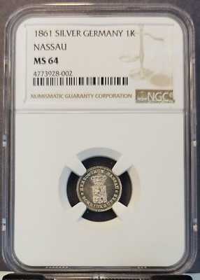 1861 GERMANY SILVER 1 KREUZER 1K NASSAU NGC MS 64 BRIGHT BU SCARCE