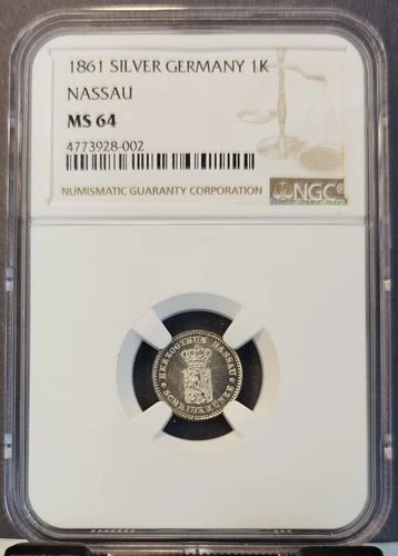 1861 GERMANY SILVER 1 KREUZER 1K NASSAU NGC MS 64 BRIGHT BU SCARCE 1 YEAR TYPE