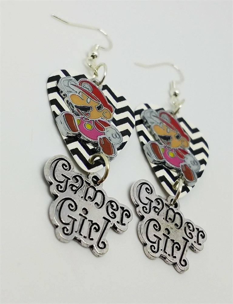 Mario Gamer Girl Charms on Black and White Chevron Guitar