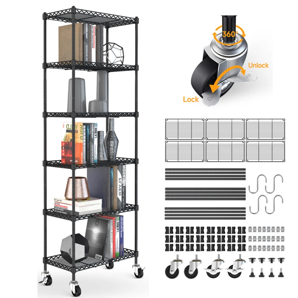 6-Tier Shelf Rack Wire Shelving Unit Storage Rolling Wheels Metal Shelf 4  Hooks