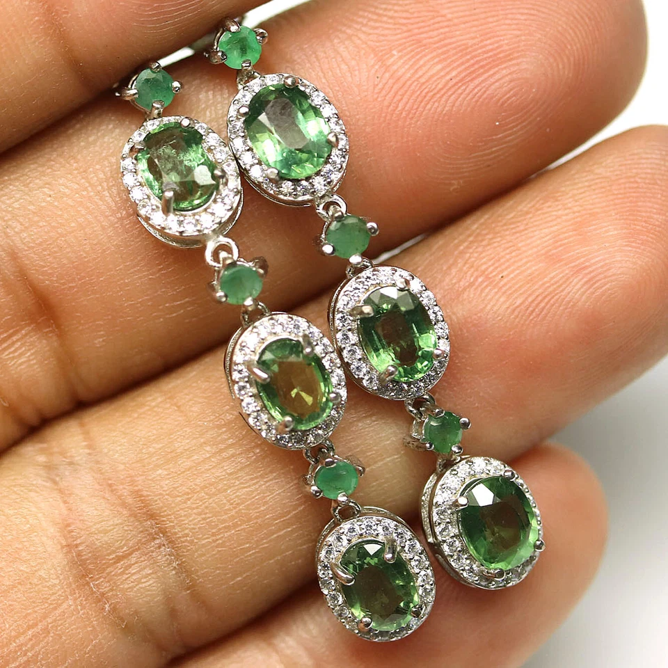 925 Sterlingsilber 5 x 6 Mm. Grün Saphir, Smaragd & Zirkonia Ohrringe - Bild 2 von 4