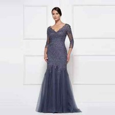 Navy Blue Mermaid Mother of The Bride Dress V-Neck Party Lace Applique Prom Gown