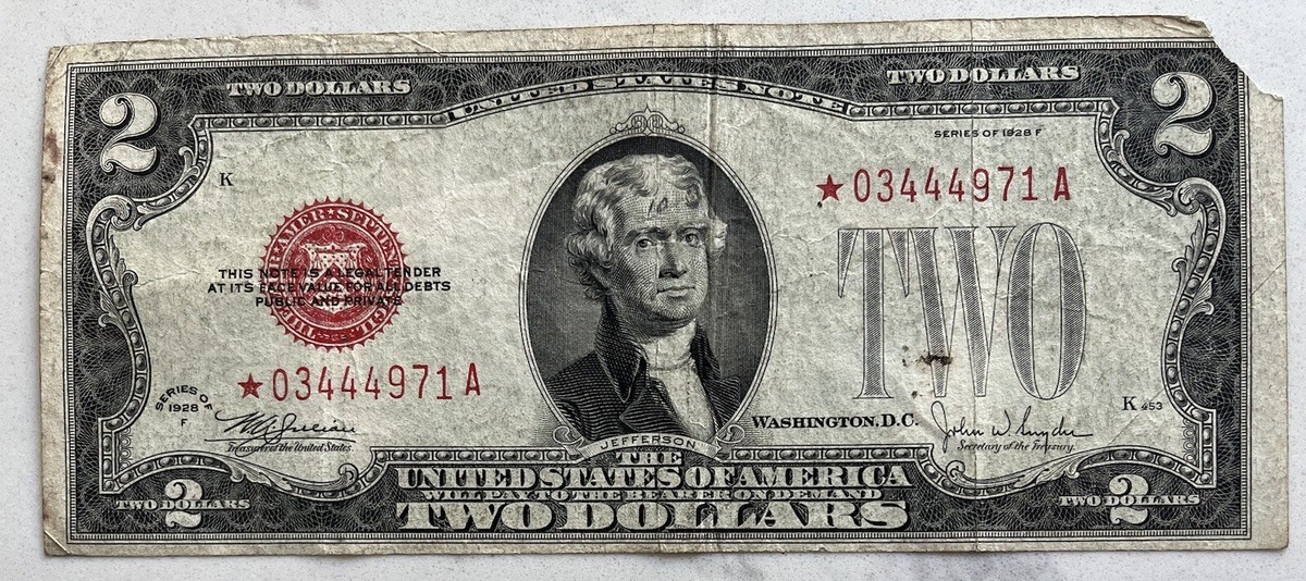 1928 F Two Dollar Bill $2 United States Red Seal STAR NOTE 