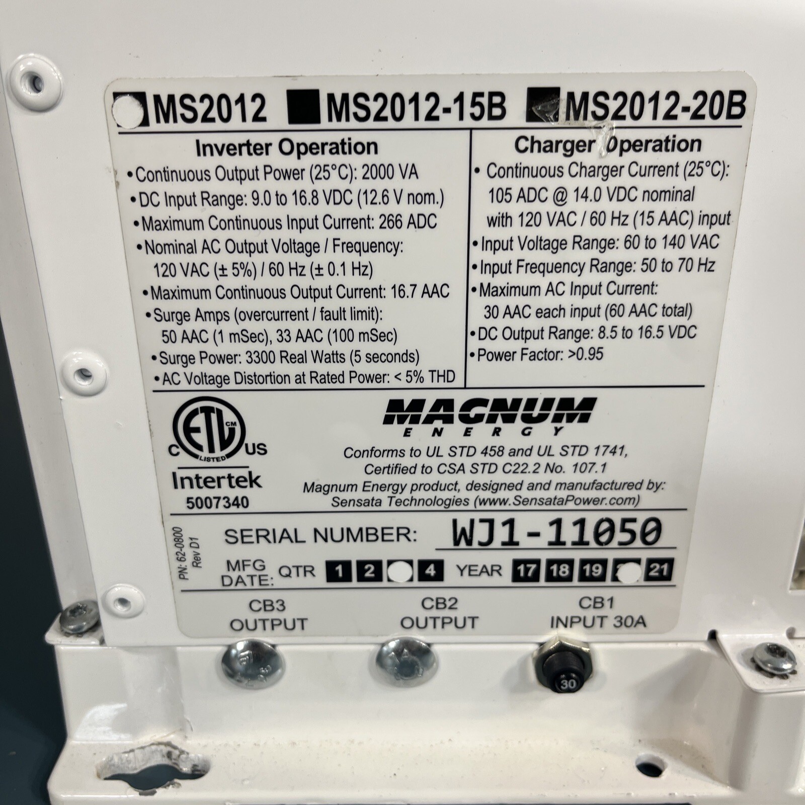 Magnum Energy Magna Sine MS2012 Inverter Charger 2000 Watt EBay