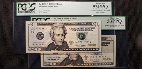 Lots of 2 Fr#2095-A 2009 $20 Error: Insufficient Ink on serial number  - Picture 1 of 6