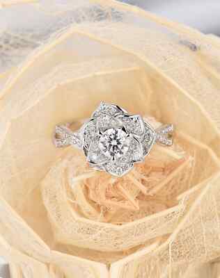 Rose Flower Design Twisted Band Sterling Silver Round Moissanite Women's Ring
