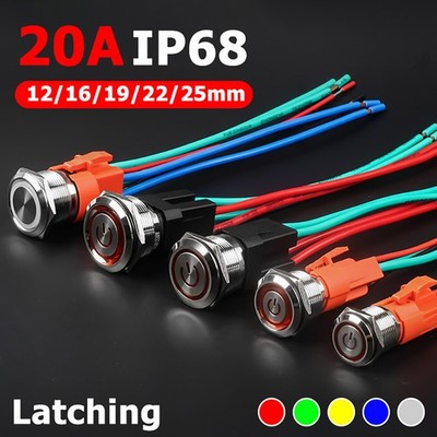 On/Off LED Push Button Switches Latching Self Locking Waterproof Metal 3-220V