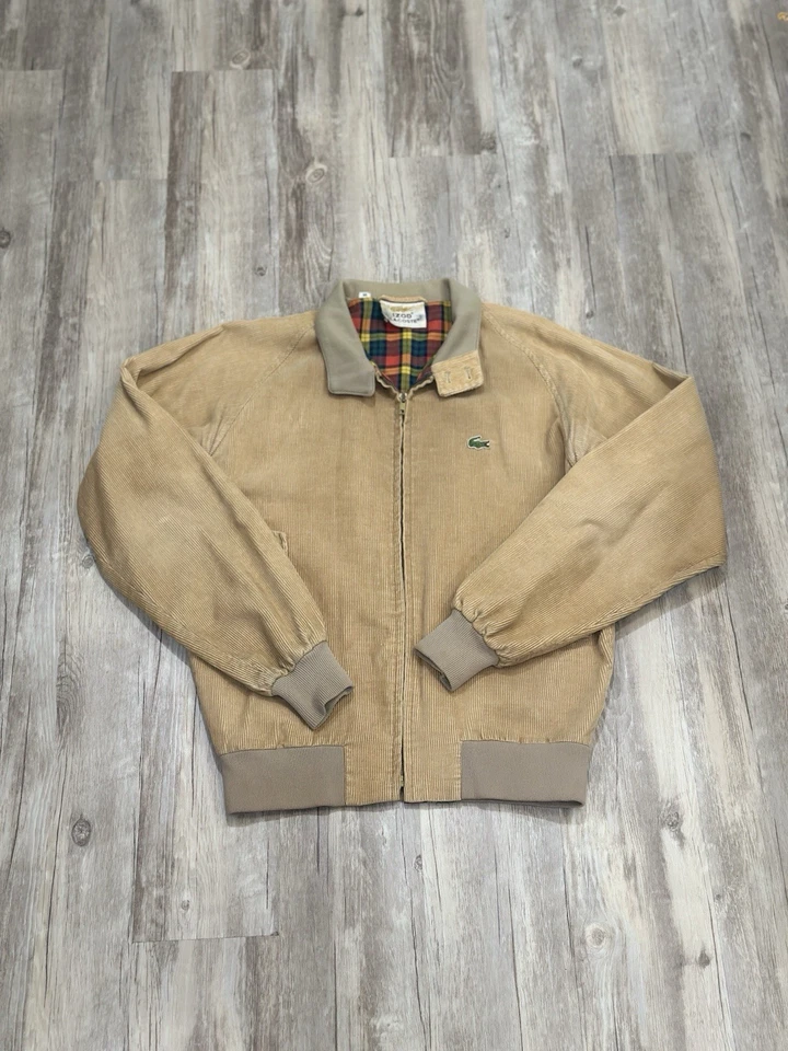 Vintage 80s Izod Lacoste Corduroy Bomber Jacket Men’s Sz Medium Brown Plaid - Image 2 of 4