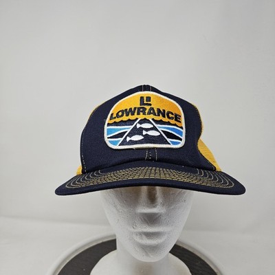 VINTAGE Lowrance Hat Cap Snap Back Navy Yellow Trucker Mesh