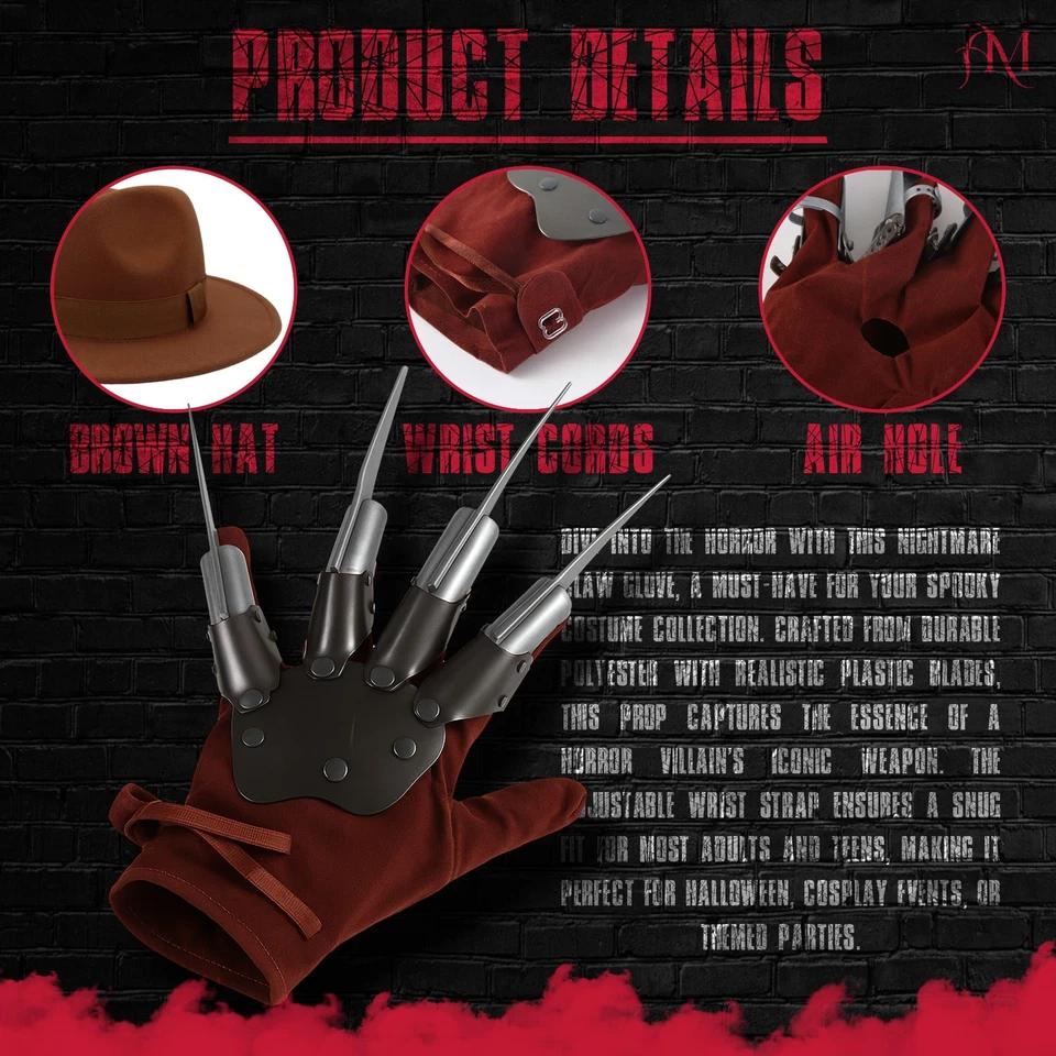 Halloween Pesadilla en ELM Street Película Espeluznante Freddy Horror Sombrero y Guante Garra Foto 2 de 4