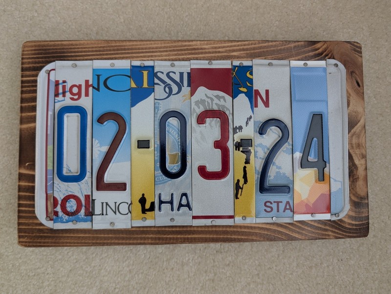 Custom License Plate Date 02-03-24 Wooden Plaque Sign with Recycled USA Plates