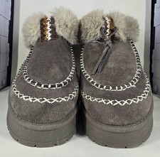 Women s Gray Faux Suede Moccasin Slip-On Slippers Faux Fur Lined Sz 7