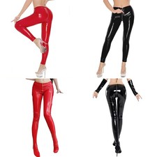 Women Glossy PU Leather Trousers Nightclub Straight Pants Zipper Crotch Leggings