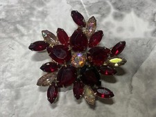 Vintage Red Pink Aurora Borealis Rhinestone Flower Star Brooch Pin