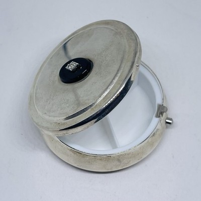 Vintage Art Deco Silver Plated Pill Box Snuff Holder W/ Mirror Onyx Cabochon 2 