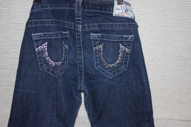 True Religion Skinny Jeans Size 27 Rhinestone Horseshoe Pockets Dark Wash Blue