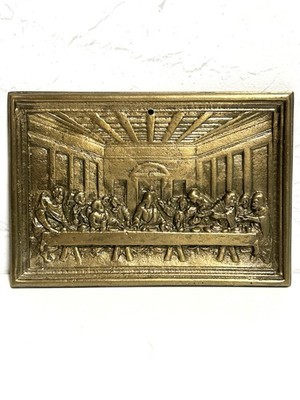 Vintage Gold Tone Metal Wall Plaque The Last Supper Relief Religious Art 6 x4 